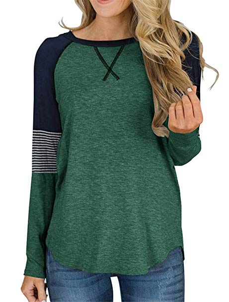 Topstype Women's Long Sleeve Color Block Tunic Tops Crew Neck Casual Shirt Striped Blouses