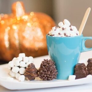A blue coffee mug filled with hot cocoa and whipped cream with chocolate sprinkles surrounded by 'Hot Chocolate Pops'
