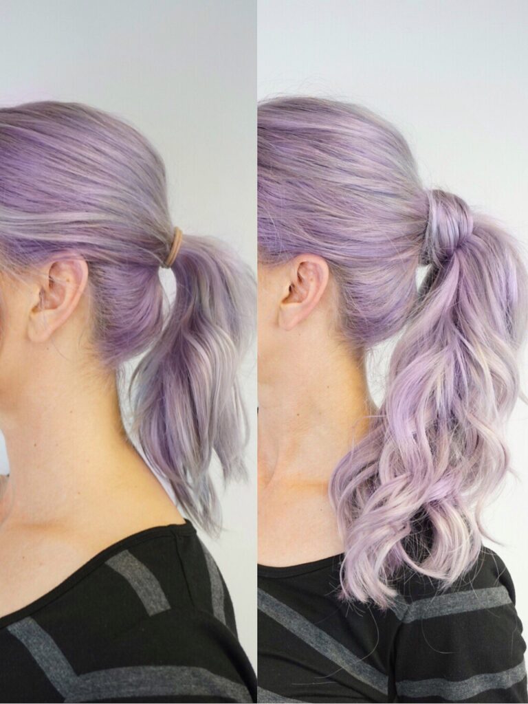 Side-by-side image showing the difference between regular ponytail and a styled ponytail