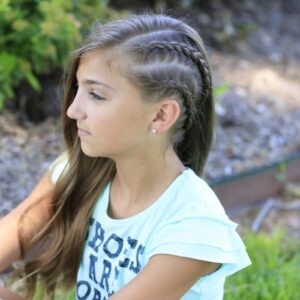 Young girl outside modeling Double Dutchback | Heidi Klum Hairstyles
