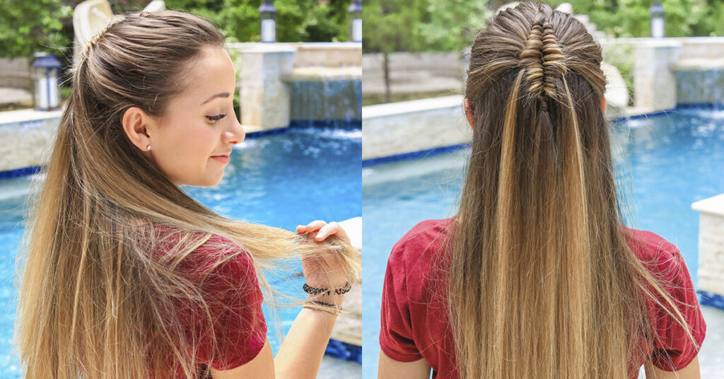 Side view Back view of girl by the pool with long hair and showcasing long infinity braid and back up close view
