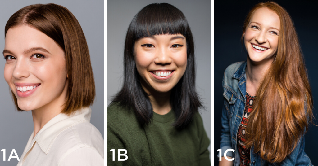 Straight hair examples(Left to right): side profile of a happy woman with short brunette hair, portrait of a happy woman with medium length black hair, and portrait of happy a woman with long natural red hair.