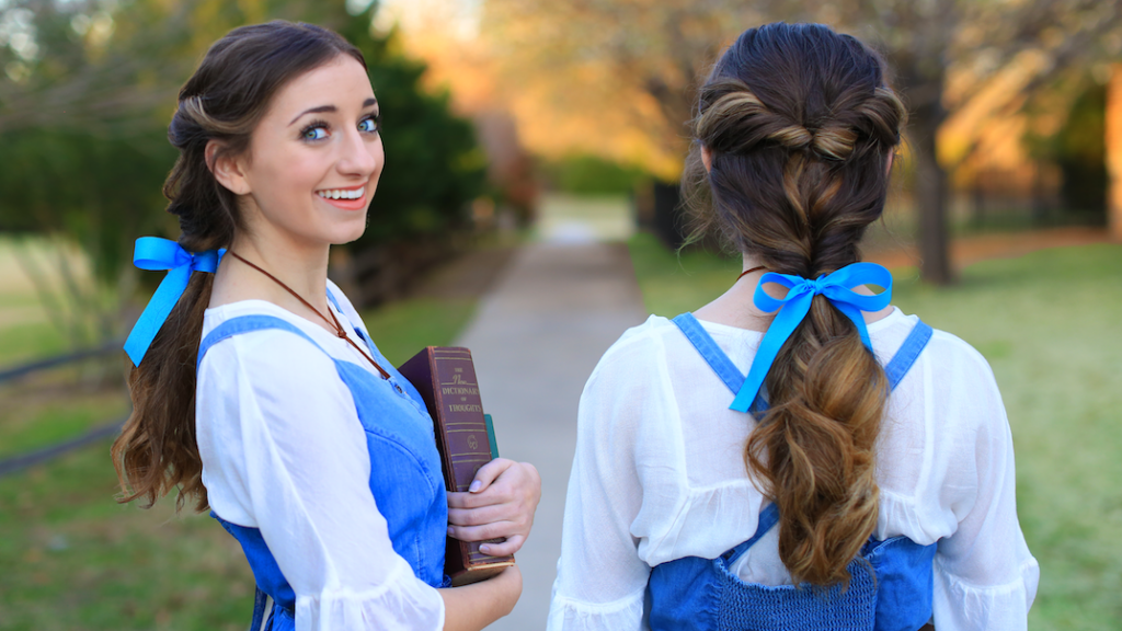 Side-by-side view, (left) girl in a halloween costume holding books (right) back view of "Belle Ponytail" hairstyle