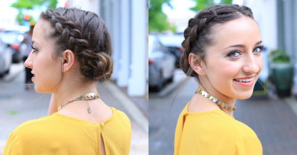 Side-by-Side of girl with a yellow shirt standing outside smiling modeling the "Double Dutch Buns" hairstyle