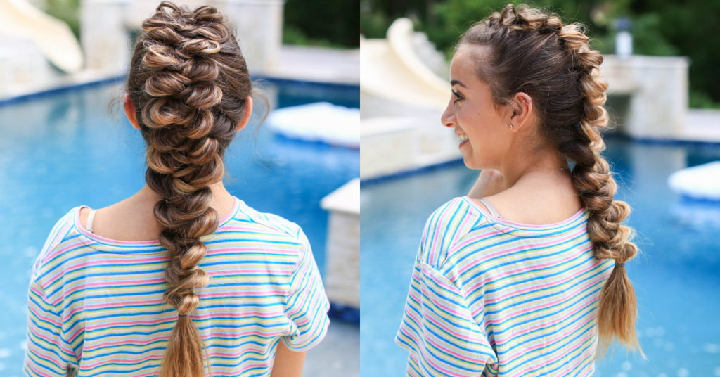 Side-by-side view of girl with striped shirt standing by the pool modeling the "CGH Wrap Braid" hairstyle