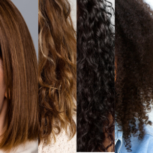 4 different hair types (left to right) Straight, Wavy, Curly, Coily