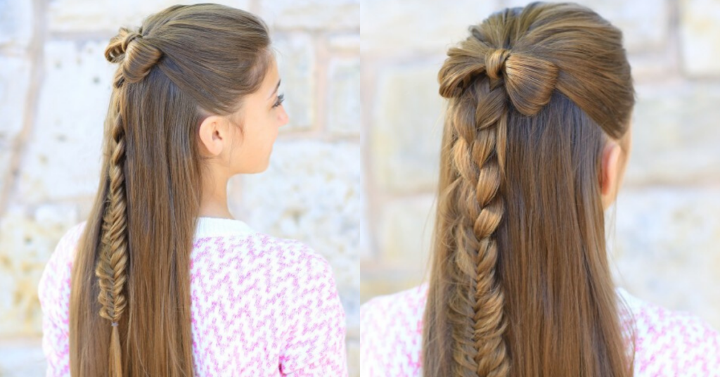 Side by side girl with long hair standing outside modeling "Half-Up Braid Bow" hairstyle