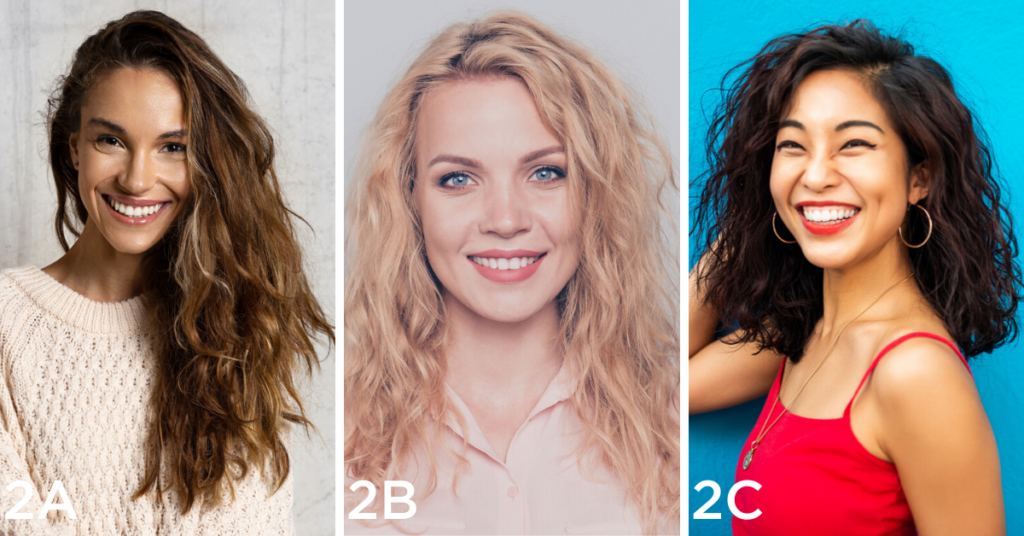 Wavy hair examples (Left to right): portrait of a happy woman with long brunette hair, portrait of a happy woman with medium length blonder hair with my defined waves, and side profile of happy woman with short brunette hair with waves that are close to curly hair.