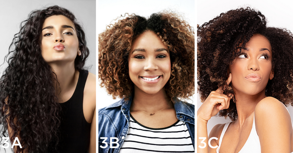 Curly hair examples (Left to right): Woman with black curly hair gives a kiss, Closeup shot of a young woman posing against a white background, Young woman posing. White studio background.