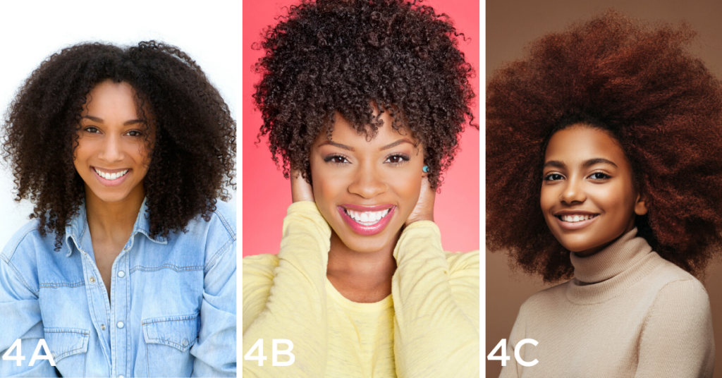 Coily hair examples (Left to right): Close up portrait of an attractive young black woman with curly hair smiling on isolated white background, Portrait of a cheerful African American woman with hands over ears, Photo of cheerful curly girl with positive emotions